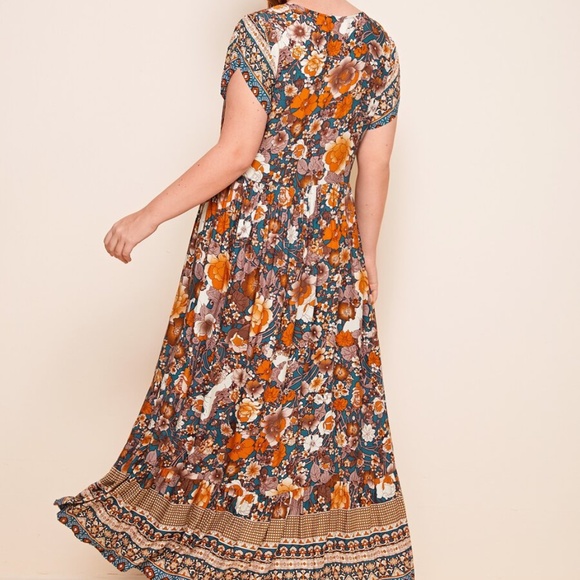 PLUS Boho V neck Floral Orange Maxi Dress - Picture 4 of 6